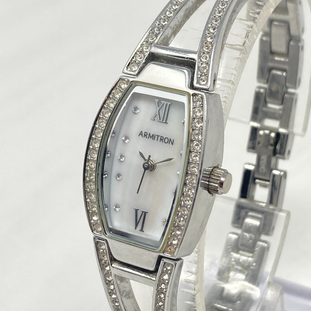 Armitron Watch Women 18mm Silver Tone Crystals Bling MOP Dial New Battery 6.5"